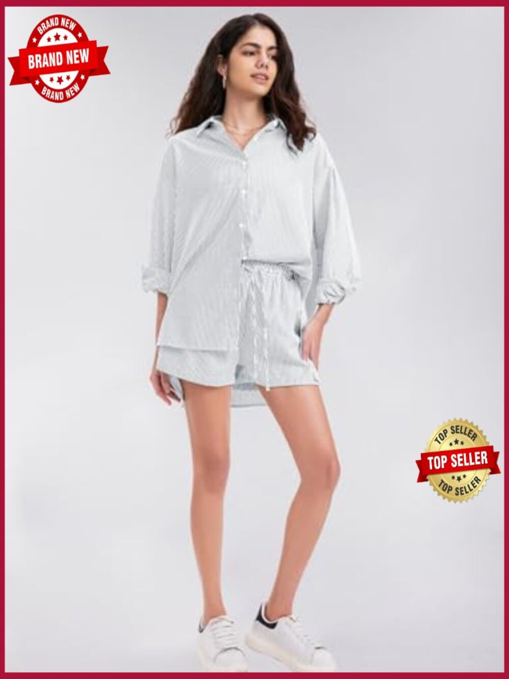 Women's Long Sleeve Button Down Shirt & Short Set Summer Two Piece - Picture 5 of 7